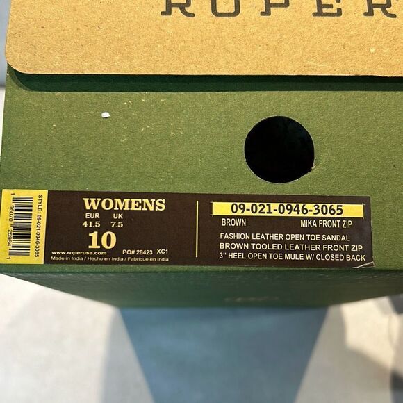 NEW Roper Mika Front Zip Sandals Sz 10 Brown Tooled Leather 3" Heel Open Toe - Picture 9 of 9